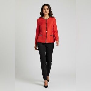 Misho 100% Silk Red Button Jacket 12 | Pearl Trim Vintage Style